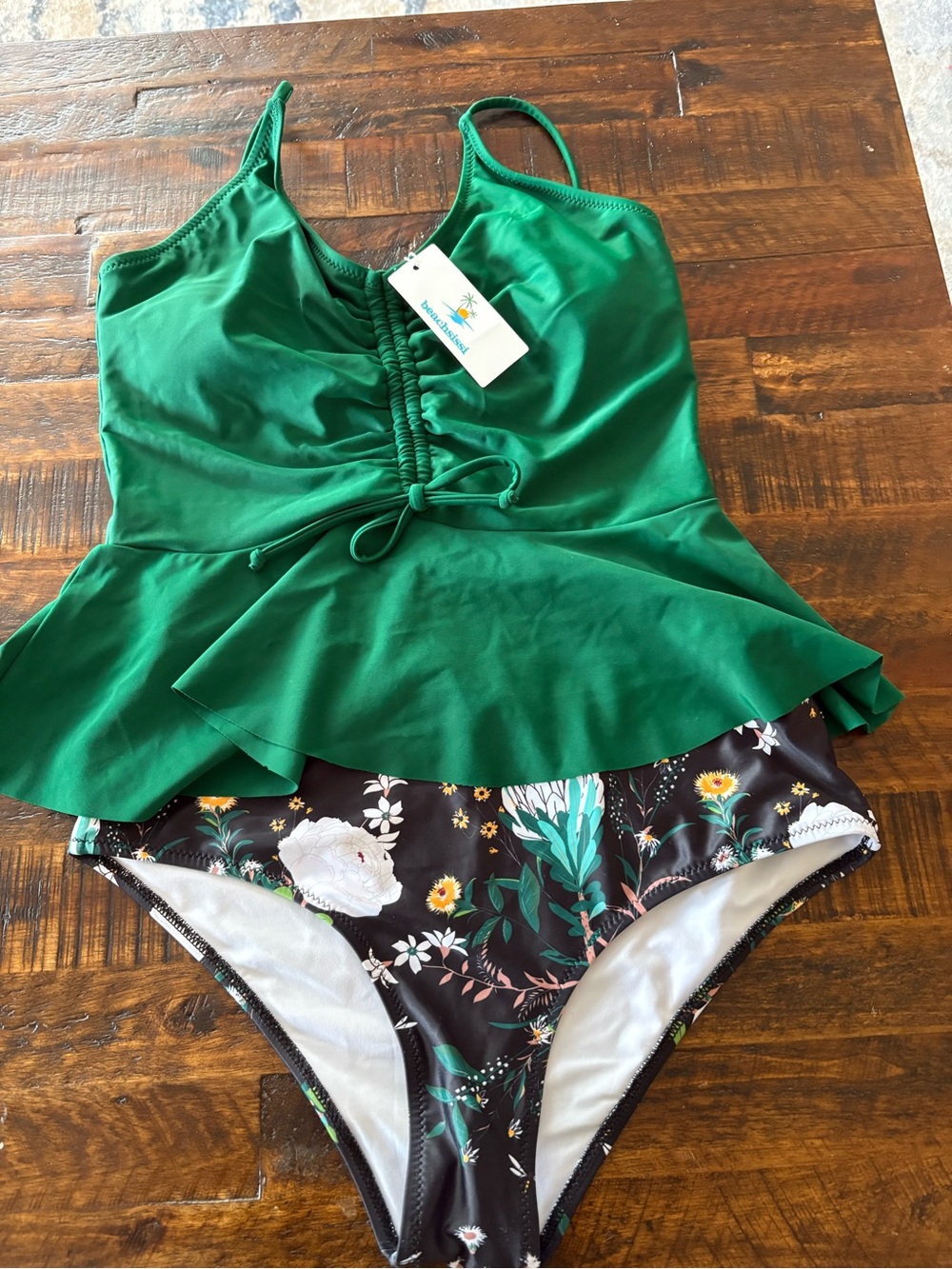 Beachsissi 2 piece swim - Green Peplum Top with Tie Front & Floral Bottom